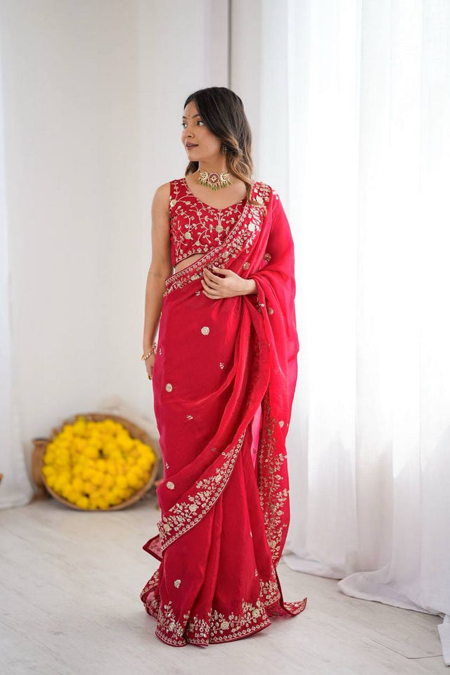 Red Sequin with Embroidered Silk Saree (SP-89)