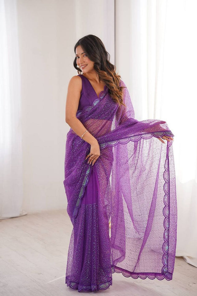 Purple Sequin with Embroidered Net Saree (SP-90)