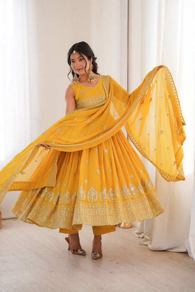 Yellow Heavy Embroidered Georgette Anarkali Suit (SP-91)