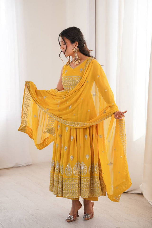 Yellow Heavy Embroidered Georgette Anarkali Suit (SP-91)