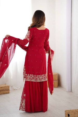Red Sequin with Embroidered Georgette Sharara Suits