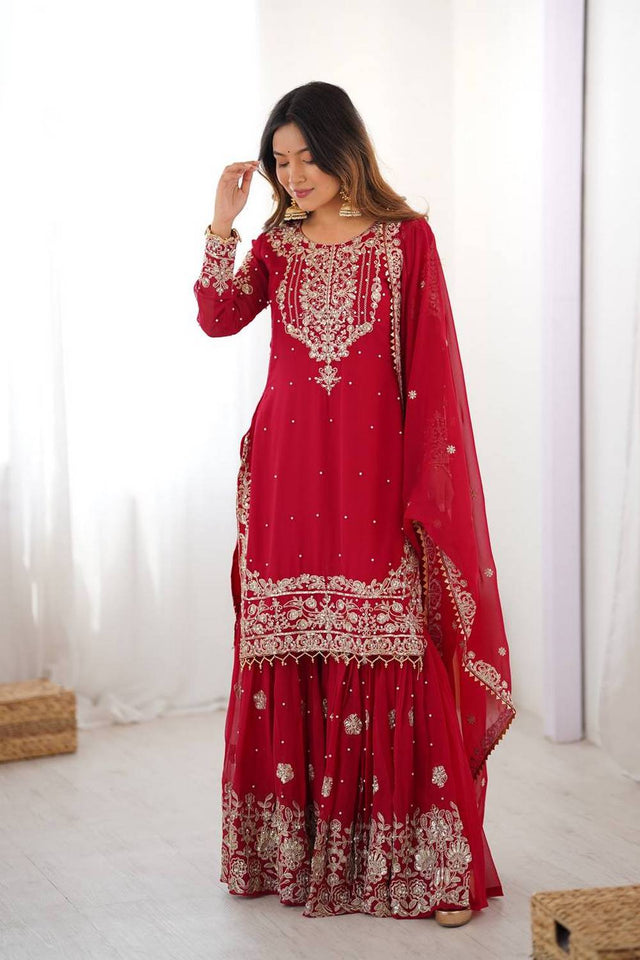 Red Sequin with Embroidered Georgette Sharara Suits