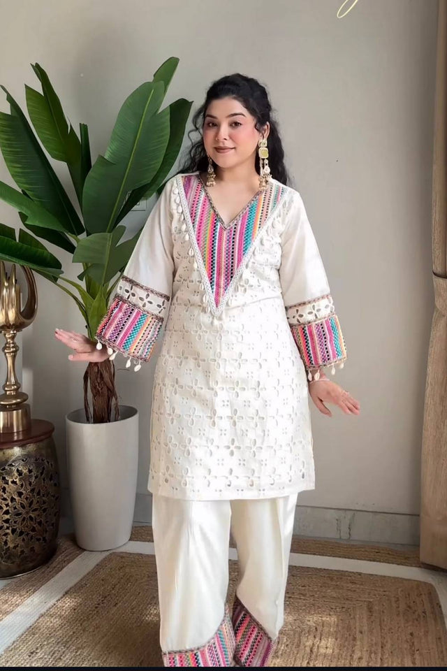Off White Embroidered Cotton Kurti Pant Set