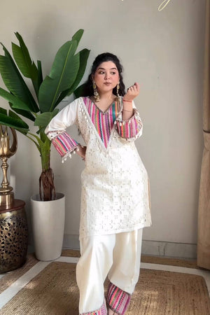 Off White Embroidered Cotton Kurti Pant Set