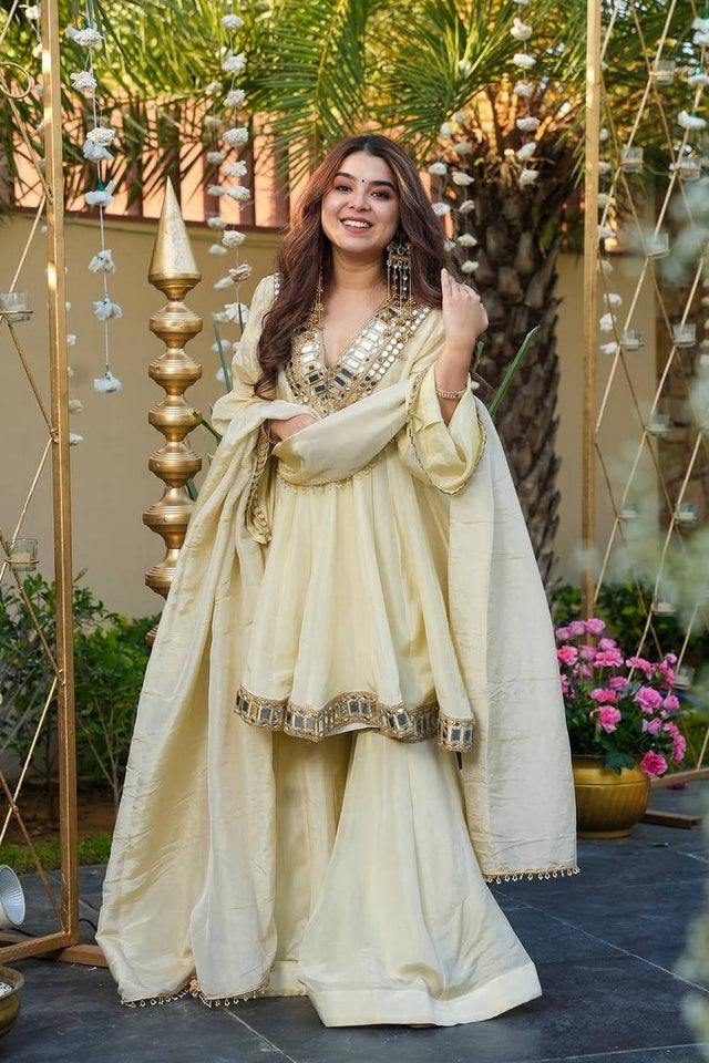 Off White Mirror Sequin Silk Palazzo Suits