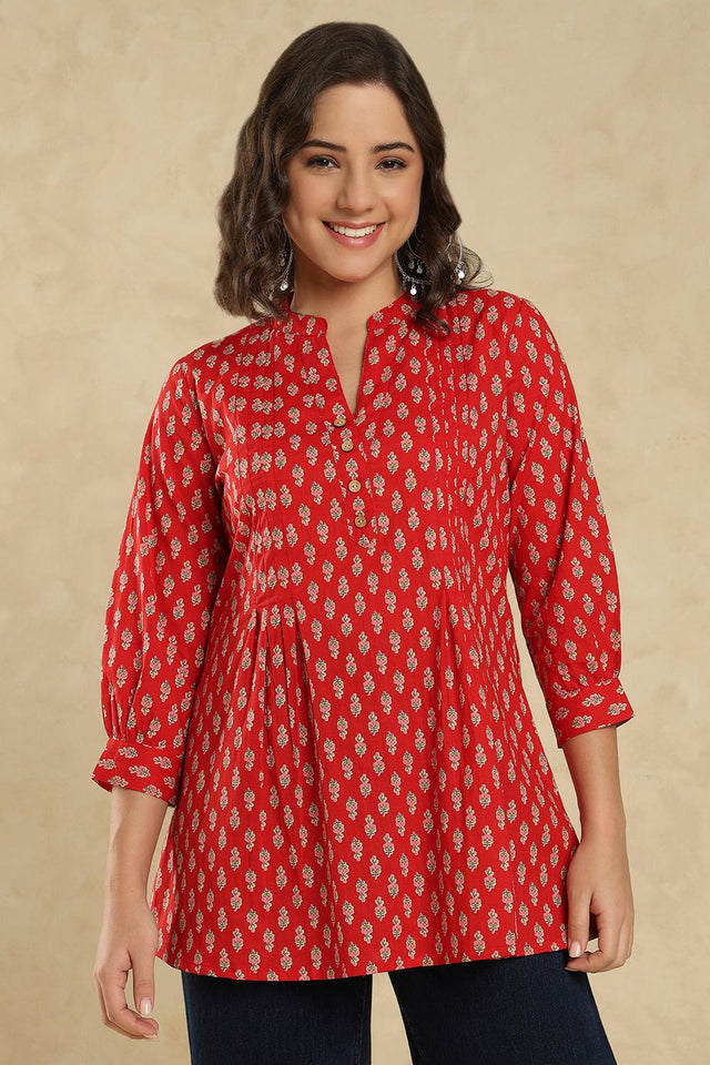 Red Floral Printed Cotton Tunic (SSKT-001-RED)