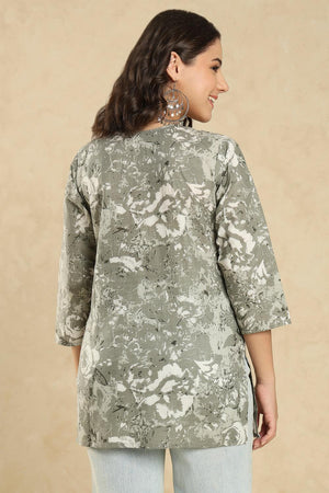 Grey Floral Printed Cotton Short Kurti (SSKT-009-GREY)