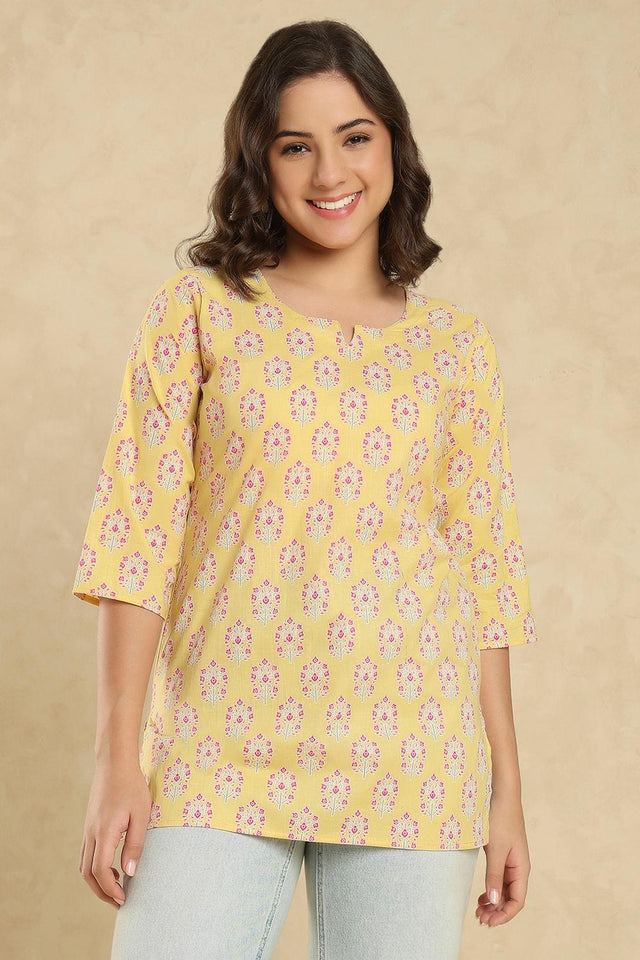 Yellow Floral Printed Cotton Short Kurti (SSKT-010-YELW)