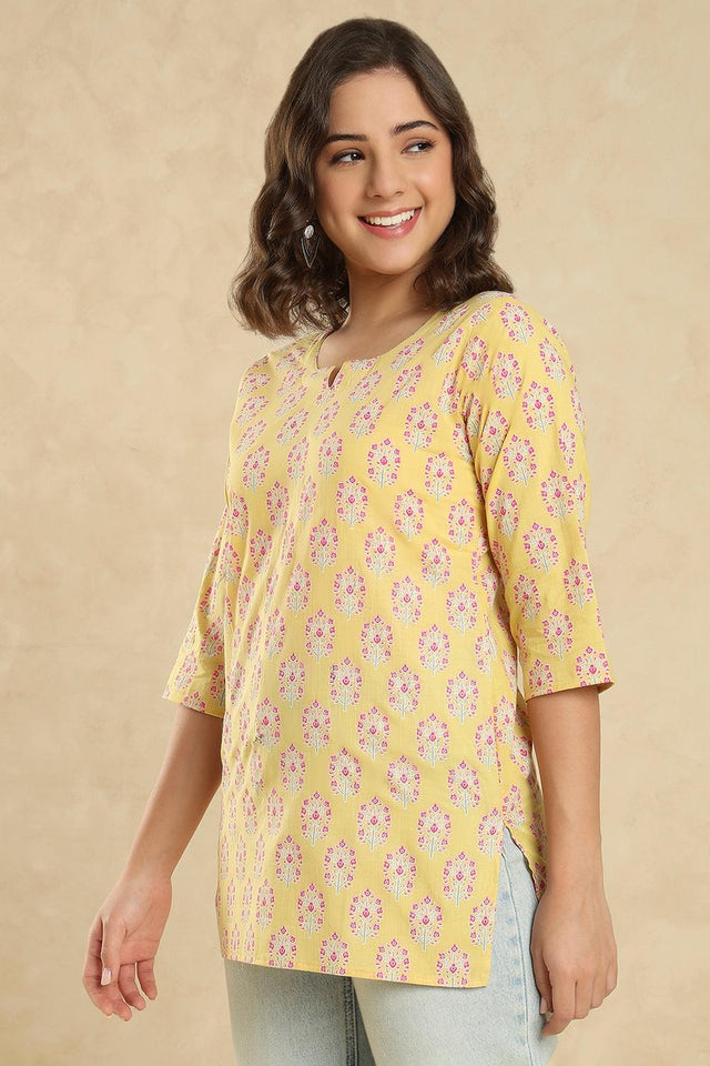 Yellow Floral Printed Cotton Short Kurti (SSKT-010-YELW)