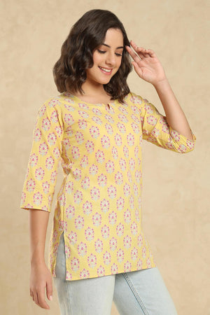 Yellow Floral Printed Cotton Short Kurti (SSKT-010-YELW)