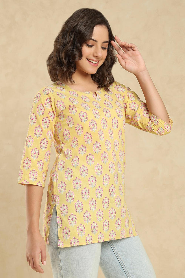 Yellow Floral Printed Cotton Short Kurti (SSKT-010-YELW)