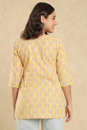 Yellow Floral Printed Cotton Short Kurti (SSKT-010-YELW)