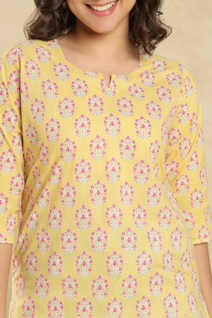 Yellow Floral Printed Cotton Short Kurti (SSKT-010-YELW)