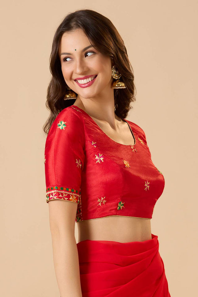 Red Embroidered Chinon Blouse