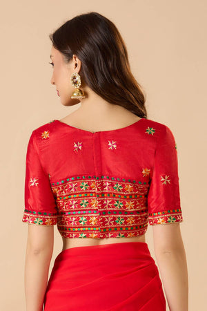 Red Embroidered Chinon Blouse