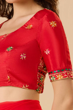 Red Embroidered Chinon Blouse