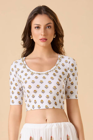 White Printed Lycra Blouse