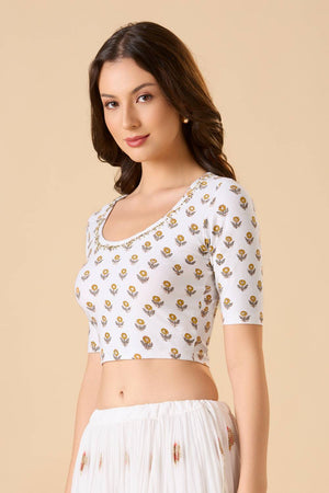 White Printed Lycra Blouse