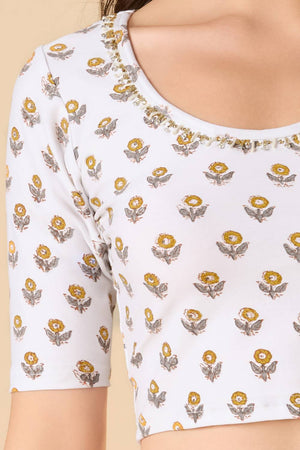 White Printed Lycra Blouse