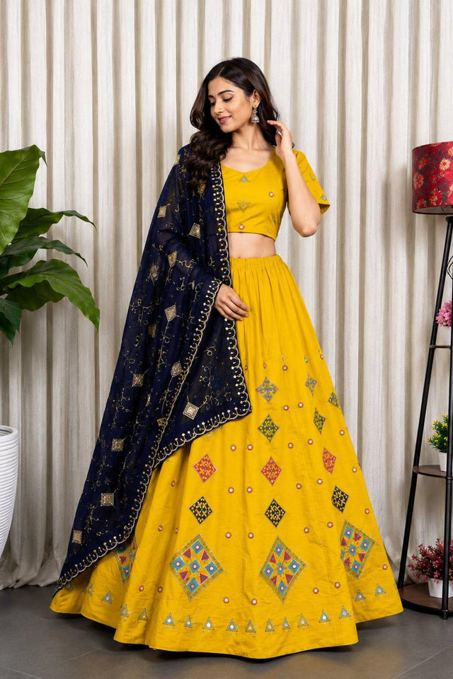 Yellow Embroidered Silk Lehenga (SWC-5051)