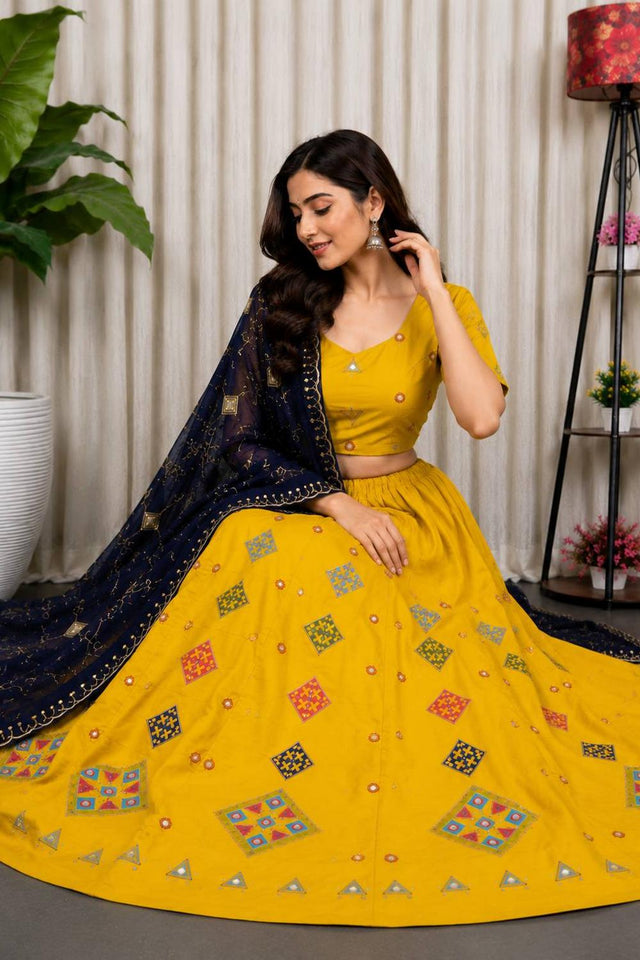 Yellow Embroidered Silk Lehenga (SWC-5051)