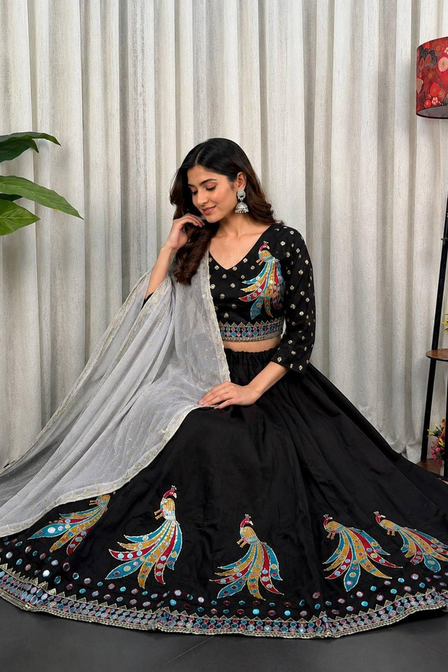 Black Embroidered Silk Lehenga (SWC-5052)