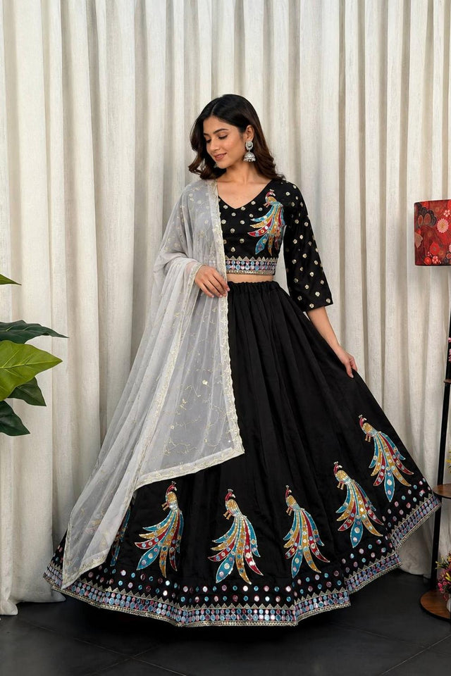 Black Embroidered Silk Lehenga (SWC-5052)