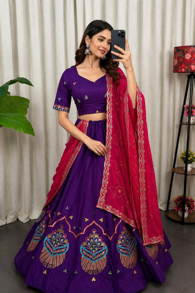 Purple Embroidered Silk Lehenga (SWC-5053)