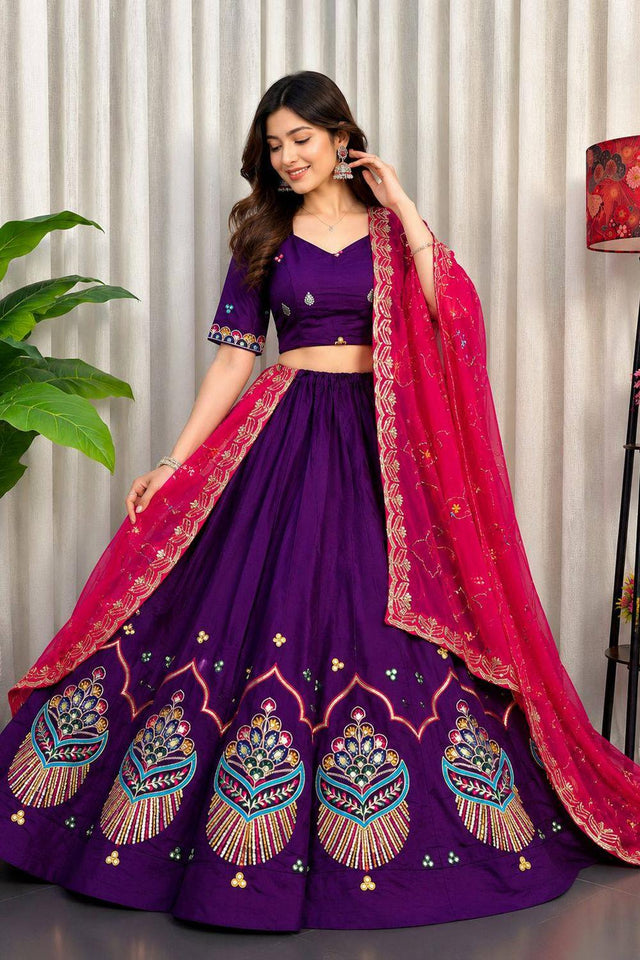 Purple Embroidered Silk Lehenga (SWC-5053)