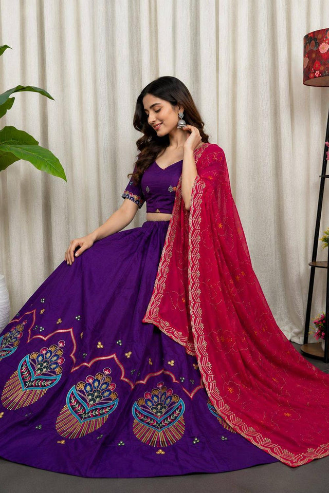 Purple Embroidered Silk Lehenga (SWC-5053)
