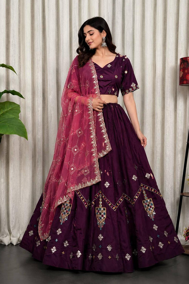 Wine Embroidered Silk Lehenga (SWC-5054)
