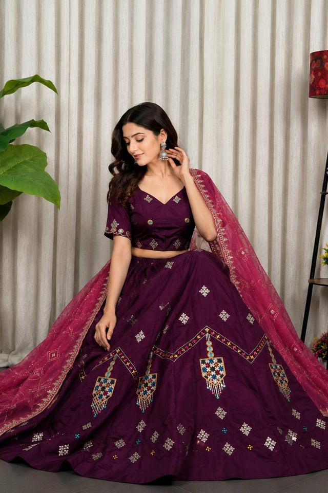 Wine Embroidered Silk Lehenga (SWC-5054)