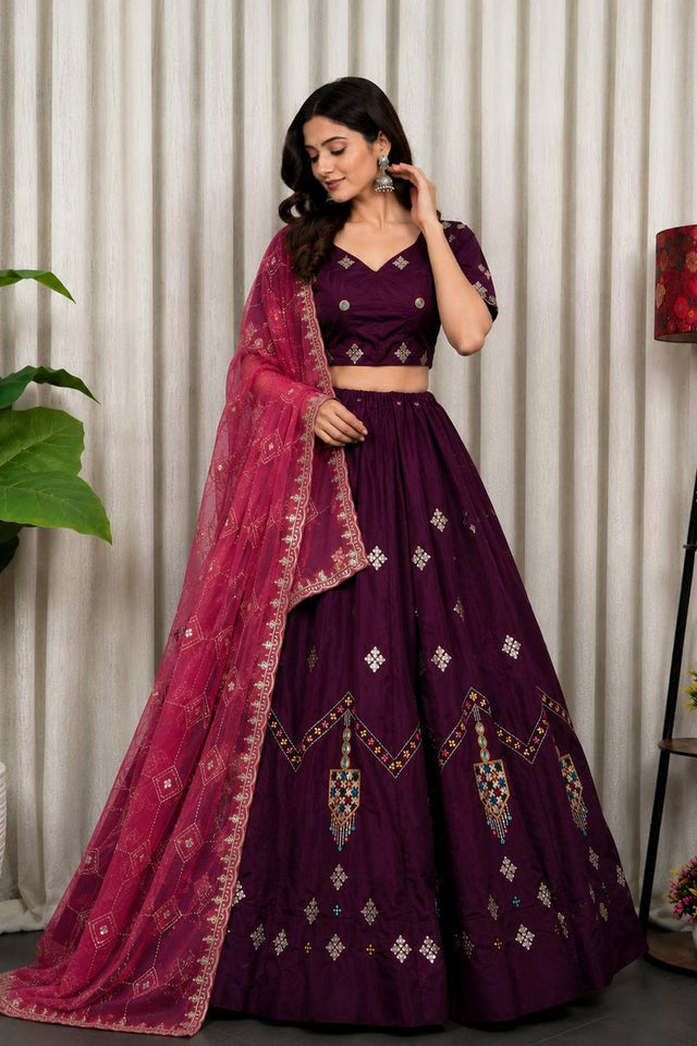 Wine Embroidered Silk Lehenga (SWC-5054)