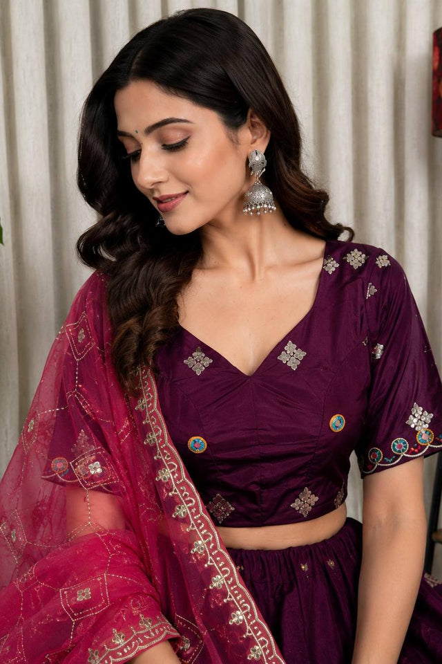 Wine Embroidered Silk Lehenga (SWC-5054)