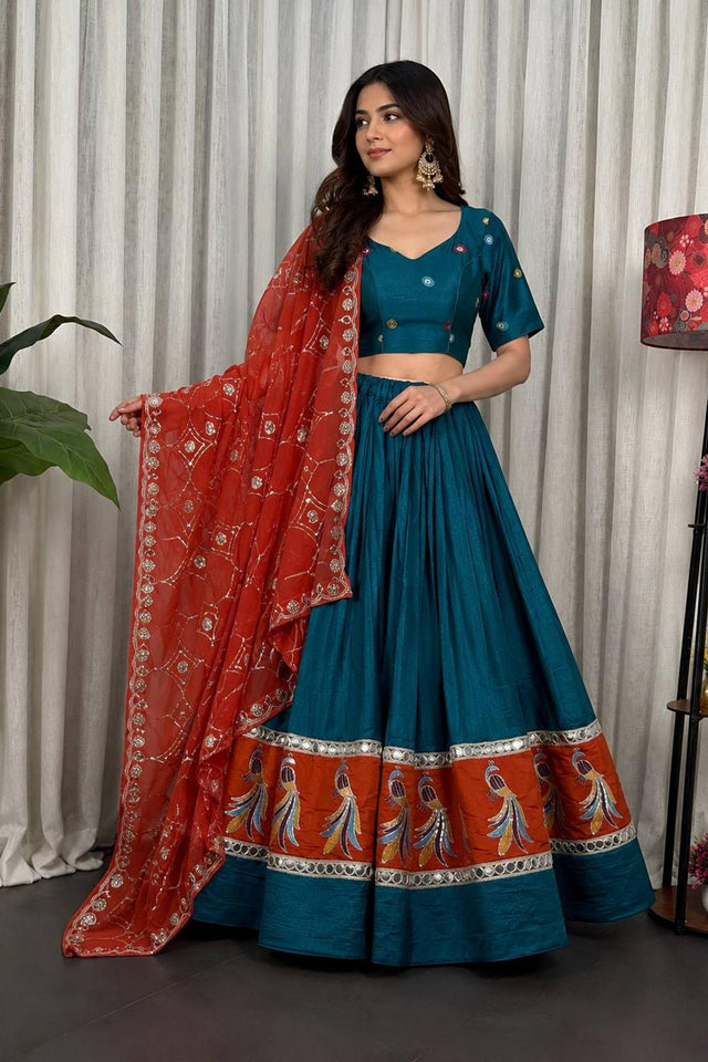 Green Embroidered Silk Lehenga (SWC-5055-B( Morpich))