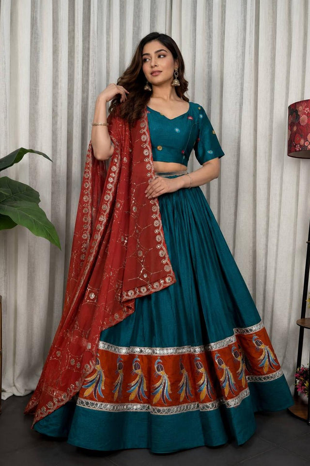 Green Embroidered Silk Lehenga (SWC-5055-B( Morpich))