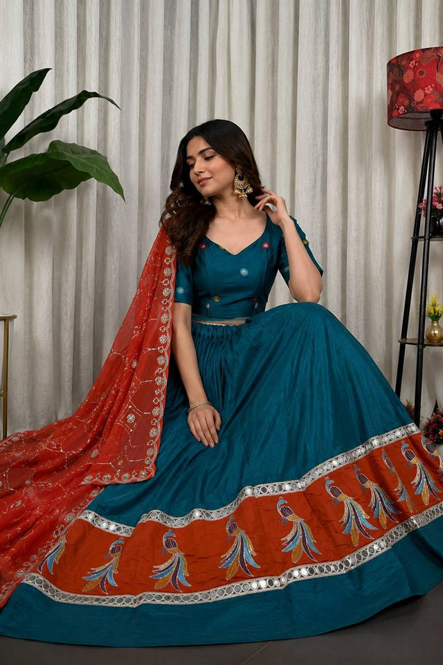 Green Embroidered Silk Lehenga (SWC-5055-B( Morpich))