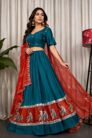 Green Embroidered Silk Lehenga (SWC-5055-B( Morpich))