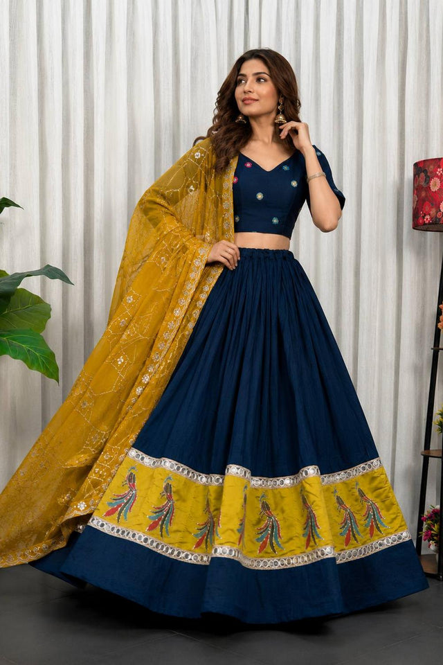 Navy Blue Embroidered Silk Lehenga (SWC-5055-C(midnight Navy))