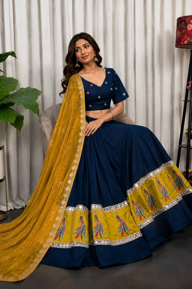Navy Blue Embroidered Silk Lehenga (SWC-5055-C(midnight Navy))