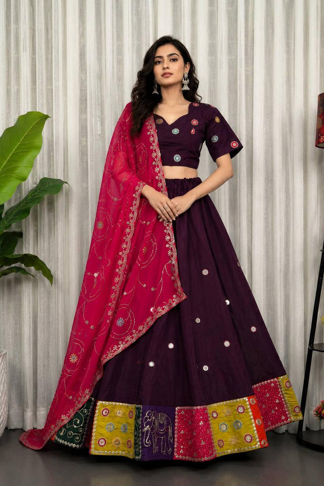 Wine Embroidered Silk Lehenga (SWC-5057-C)