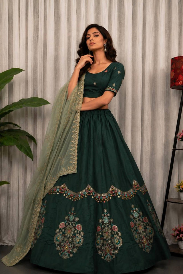 Green Embroidered Silk Lehenga (SWC-5058)