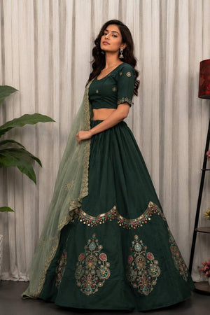 Green Embroidered Silk Lehenga (SWC-5058)