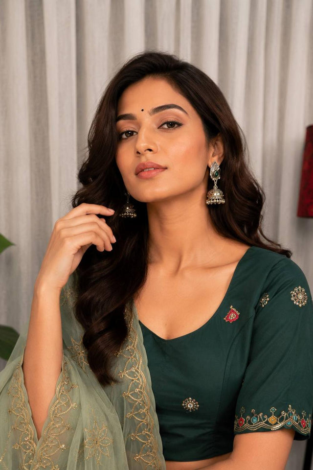 Green Embroidered Silk Lehenga (SWC-5058)