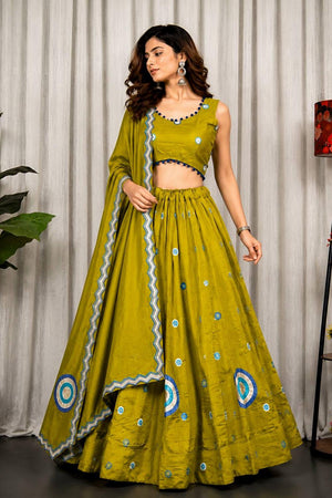 Olive Green Embroidered Silk Lehenga (SWC-5059-Olive)