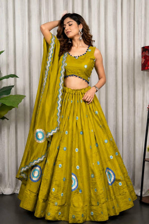 Olive Green Embroidered Silk Lehenga (SWC-5059-Olive)
