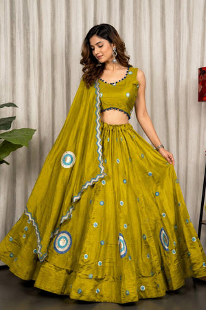 Olive Green Embroidered Silk Lehenga (SWC-5059-Olive)