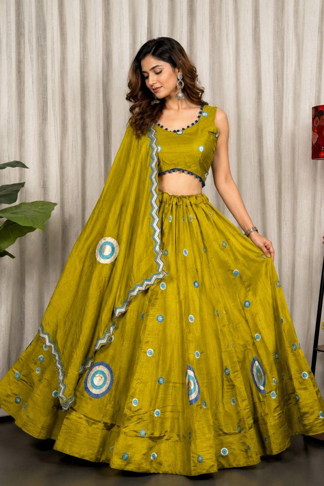 Olive Green Embroidered Silk Lehenga (SWC-5059-Olive)
