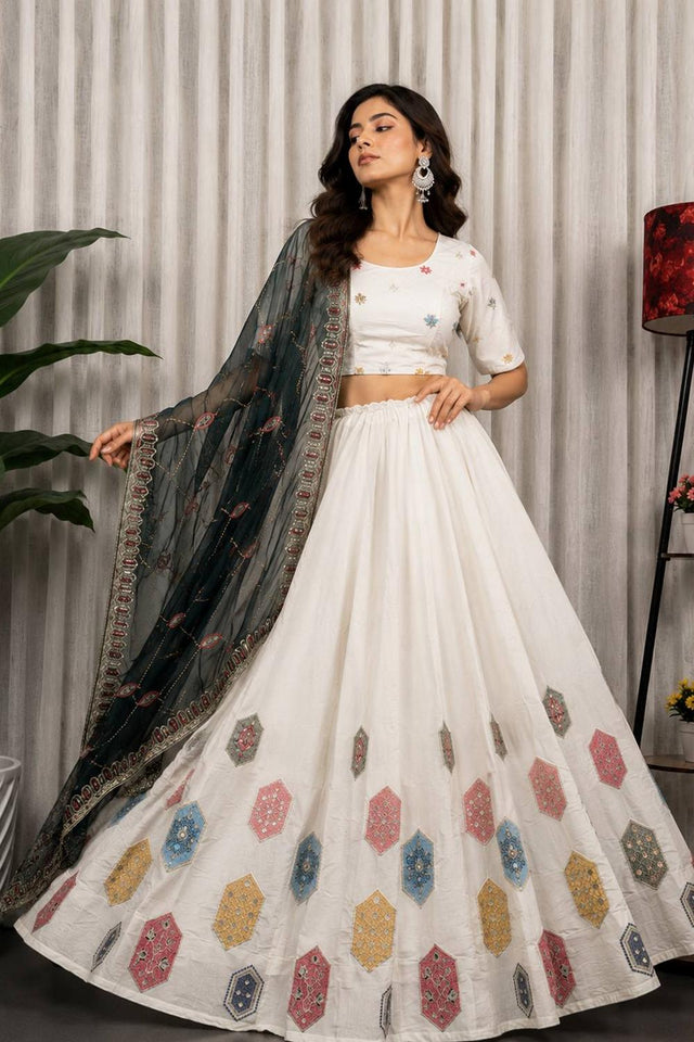 White Embroidered Silk Lehenga (SWC-5061-White)