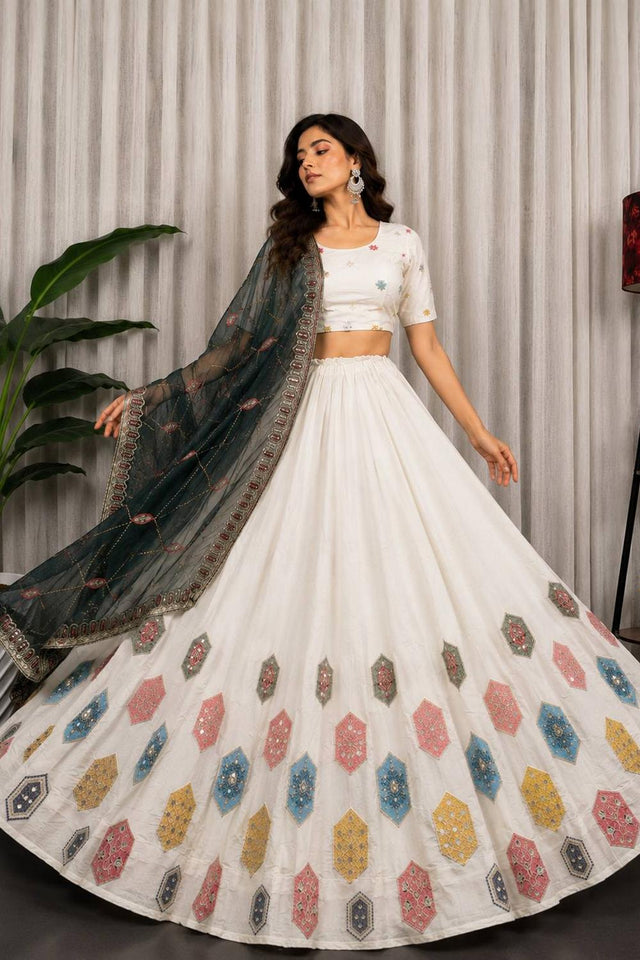 White Embroidered Silk Lehenga (SWC-5061-White)